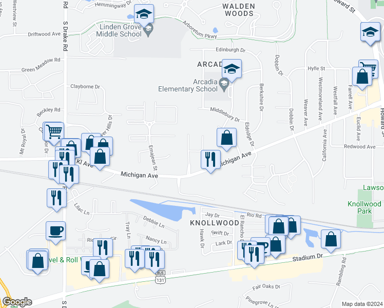 map of restaurants, bars, coffee shops, grocery stores, and more near 1297 Redpine Way in Kalamazoo