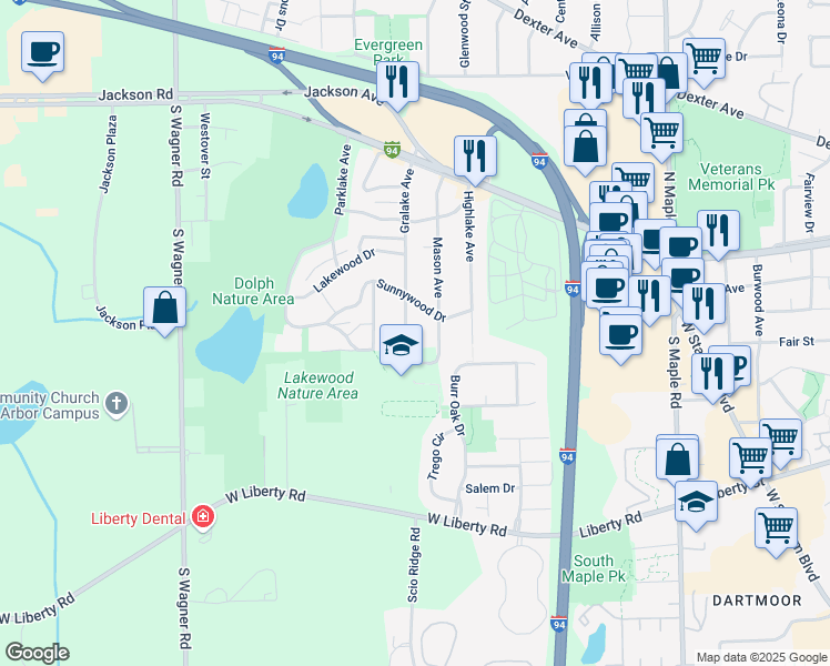 map of restaurants, bars, coffee shops, grocery stores, and more near 2981 Sunnywood Drive in Ann Arbor