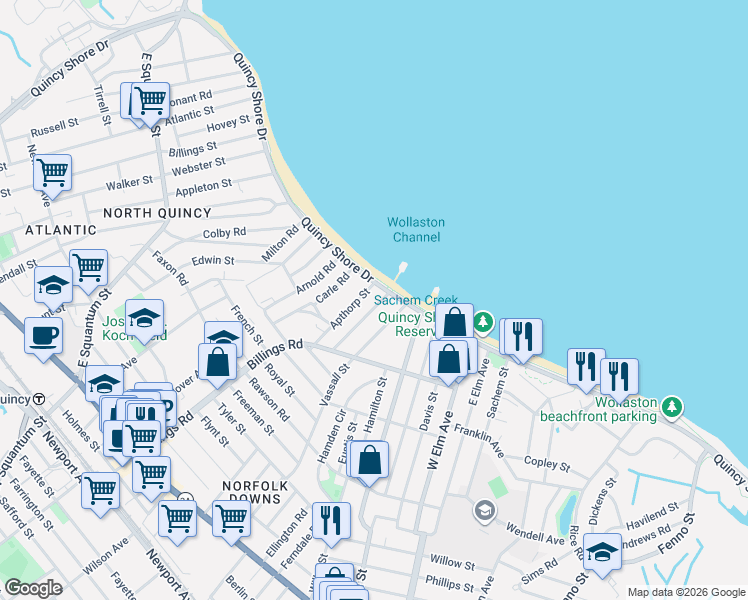 map of restaurants, bars, coffee shops, grocery stores, and more near 58 Channing Street in Quincy