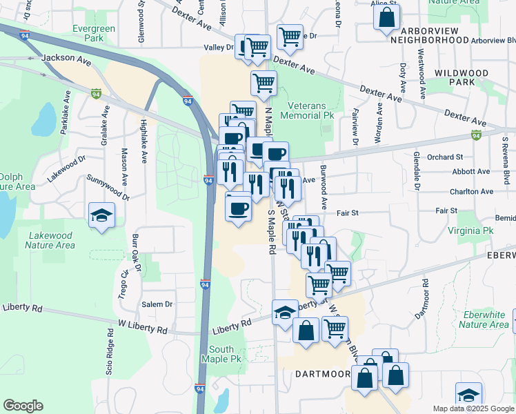 map of restaurants, bars, coffee shops, grocery stores, and more near 2475 West Stadium Boulevard in Ann Arbor