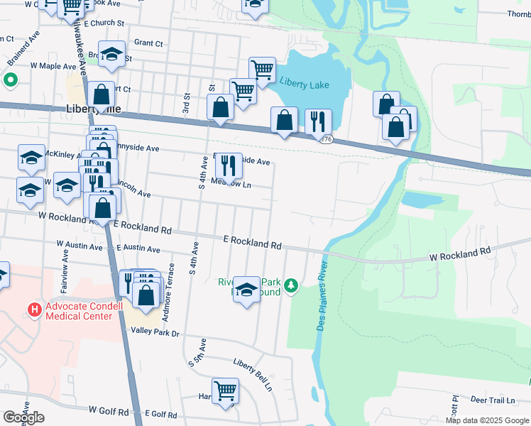 map of restaurants, bars, coffee shops, grocery stores, and more near 861 East Park Avenue in Libertyville