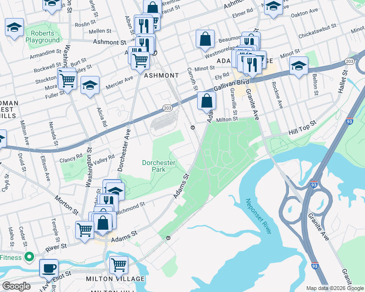 map of restaurants, bars, coffee shops, grocery stores, and more near Richview Street in Boston