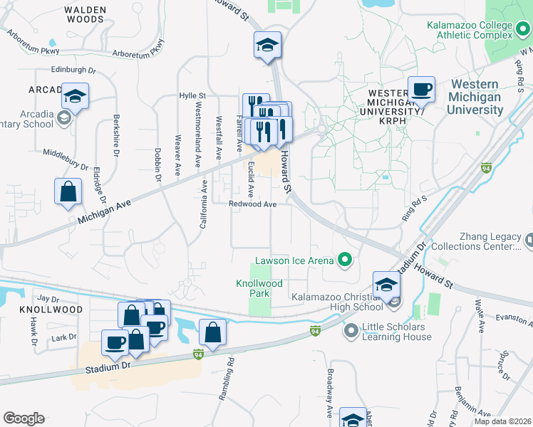 map of restaurants, bars, coffee shops, grocery stores, and more near 1242 Lafayette Avenue in Kalamazoo
