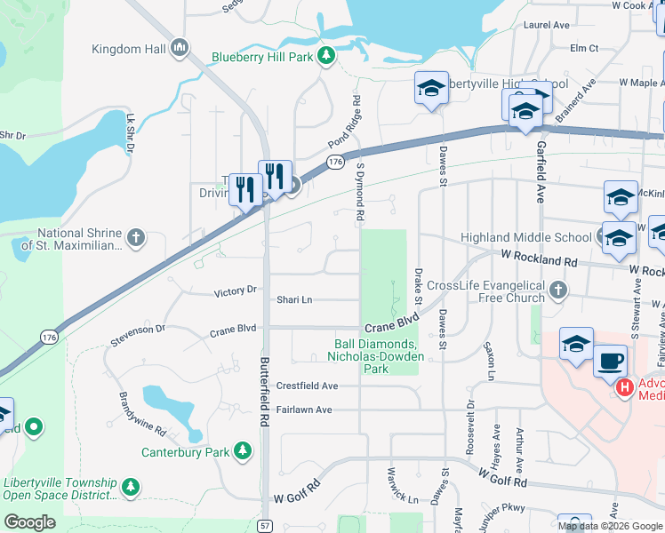 map of restaurants, bars, coffee shops, grocery stores, and more near 1019 Havenwood Drive in Libertyville