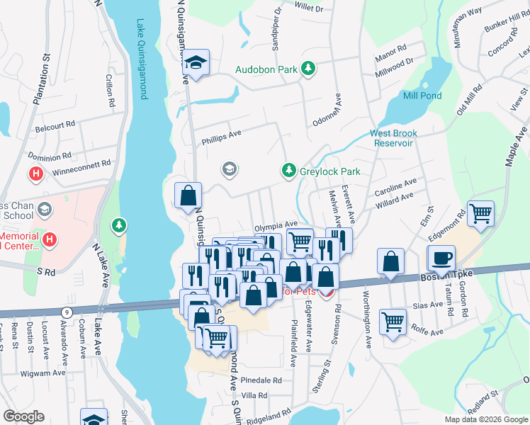 map of restaurants, bars, coffee shops, grocery stores, and more near 10 Wheeler Avenue in Shrewsbury