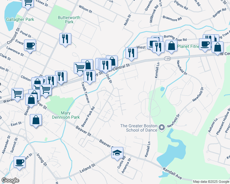 map of restaurants, bars, coffee shops, grocery stores, and more near 9 Interfaith Terrace in Framingham