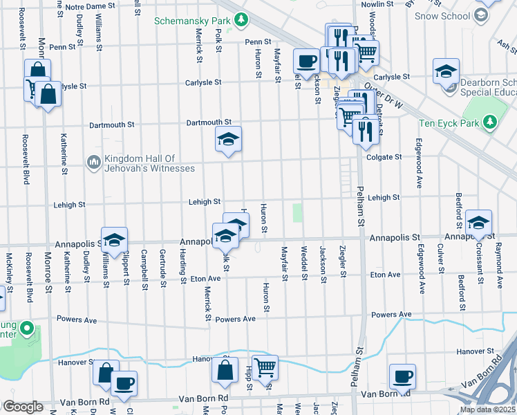 map of restaurants, bars, coffee shops, grocery stores, and more near 4422 Huron Street in Dearborn Heights