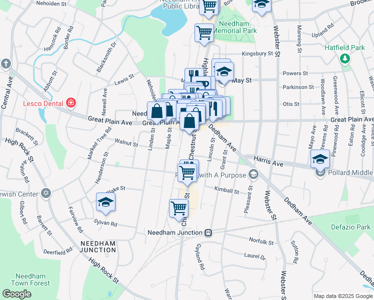 map of restaurants, bars, coffee shops, grocery stores, and more near 73R Chestnut Street in Needham