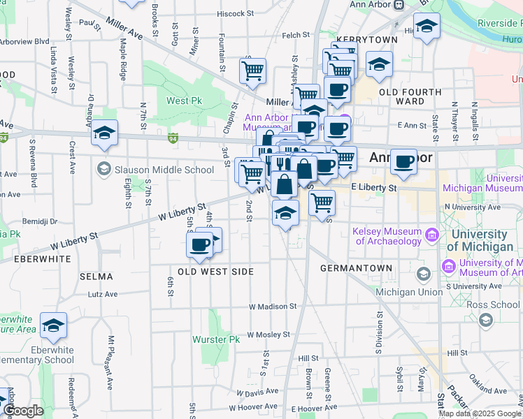 map of restaurants, bars, coffee shops, grocery stores, and more near 325 South 1st Street in Ann Arbor