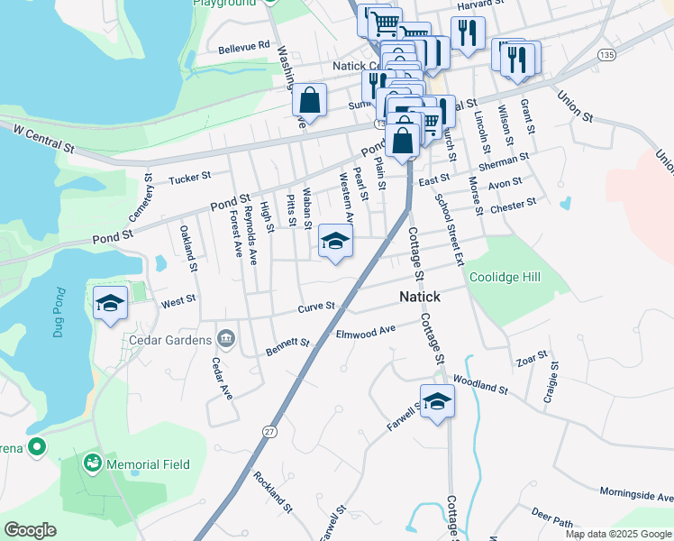 map of restaurants, bars, coffee shops, grocery stores, and more near 99 South Main Street in Natick