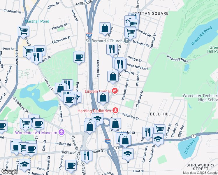 map of restaurants, bars, coffee shops, grocery stores, and more near 140 Lincoln Street in Worcester