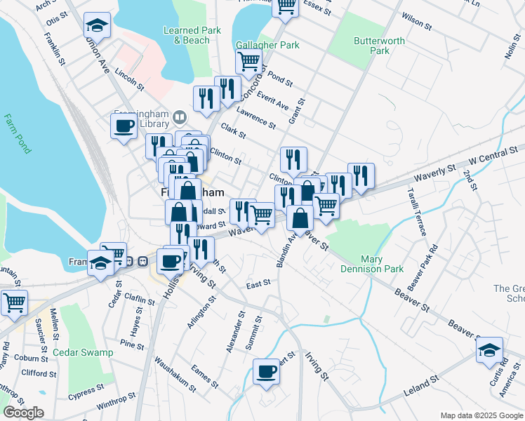 map of restaurants, bars, coffee shops, grocery stores, and more near 5 Grant Street in Framingham