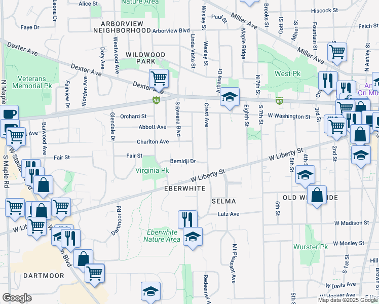 map of restaurants, bars, coffee shops, grocery stores, and more near 400 Montgomery Avenue in Ann Arbor