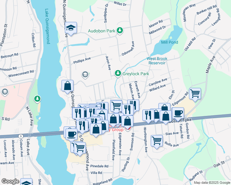 map of restaurants, bars, coffee shops, grocery stores, and more near 2 -10 Avon Avenue in Shrewsbury