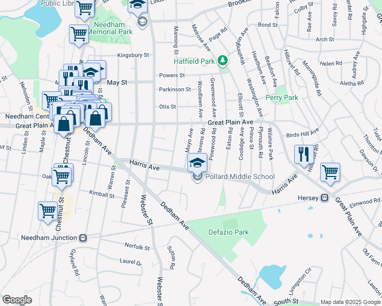 map of restaurants, bars, coffee shops, grocery stores, and more near 39 Mayo Avenue in Needham