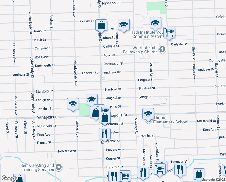 map of restaurants, bars, coffee shops, grocery stores, and more near 25659 Stanford Street in Dearborn Heights