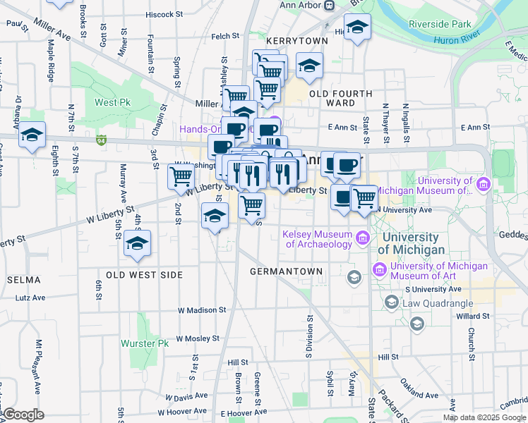 map of restaurants, bars, coffee shops, grocery stores, and more near 331 South 4th Avenue in Ann Arbor