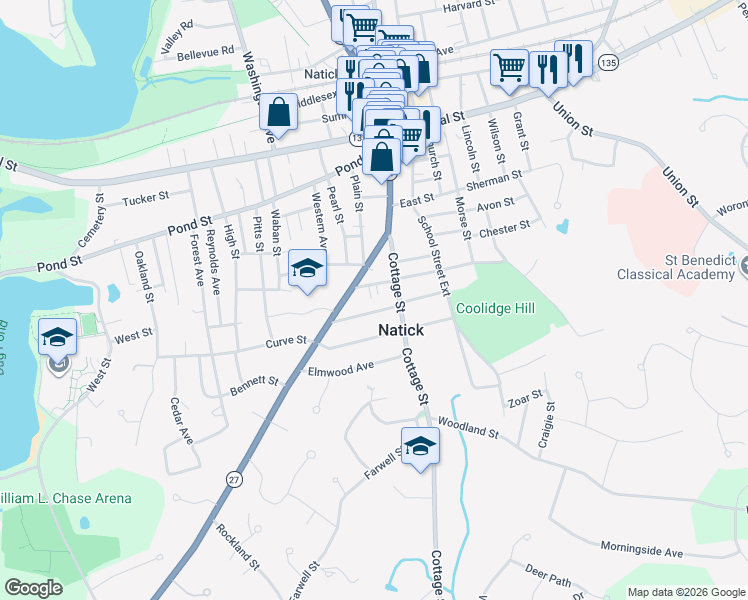 map of restaurants, bars, coffee shops, grocery stores, and more near 4 Knox Court in Natick