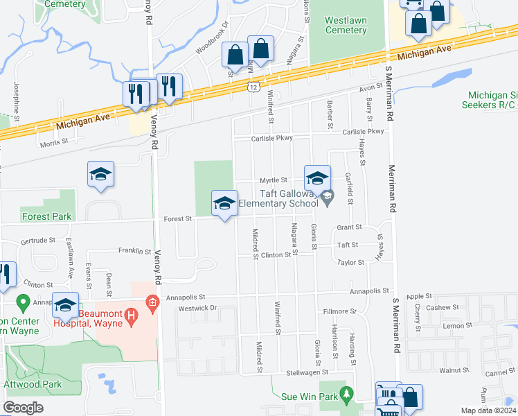 map of restaurants, bars, coffee shops, grocery stores, and more near 4035 Mildred Street in Wayne