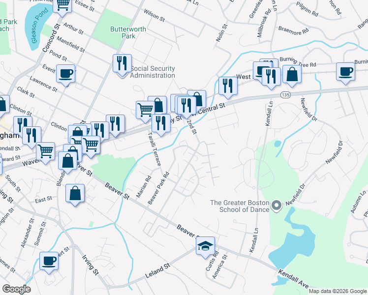 map of restaurants, bars, coffee shops, grocery stores, and more near 834 Beaver Park Drive in Framingham