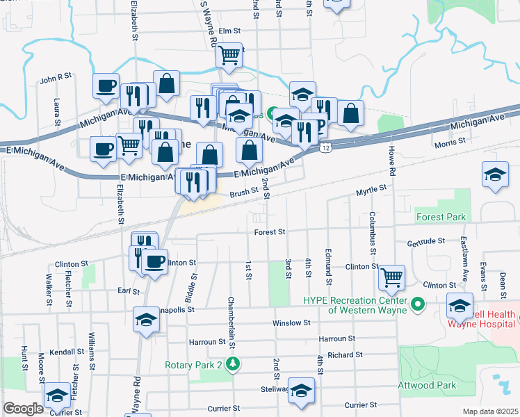 map of restaurants, bars, coffee shops, grocery stores, and more near 34651 Brush Street in Wayne