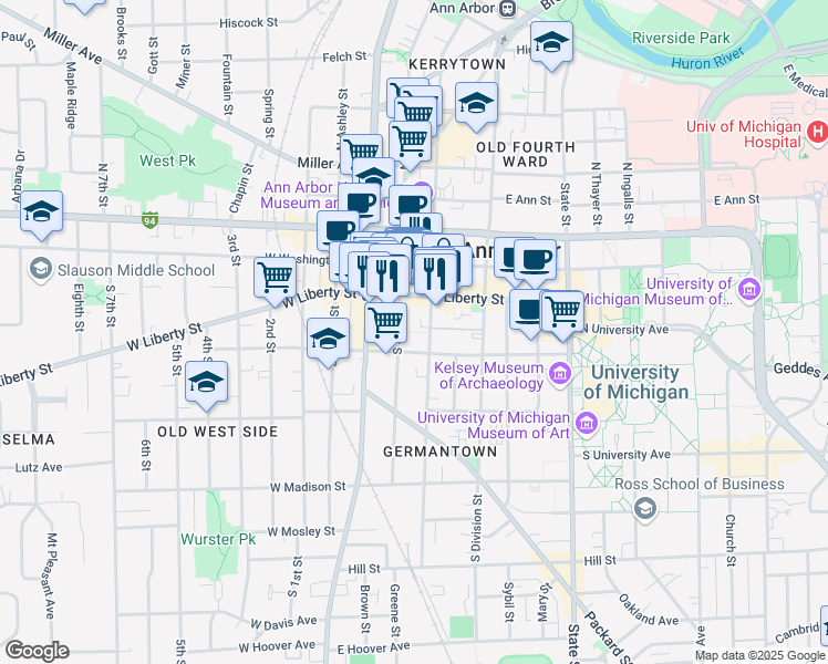 map of restaurants, bars, coffee shops, grocery stores, and more near 331 South 4th Avenue in Ann Arbor