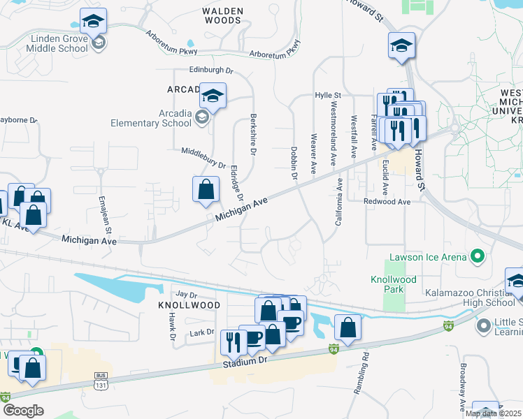 map of restaurants, bars, coffee shops, grocery stores, and more near 3409 West Michigan Avenue in Kalamazoo