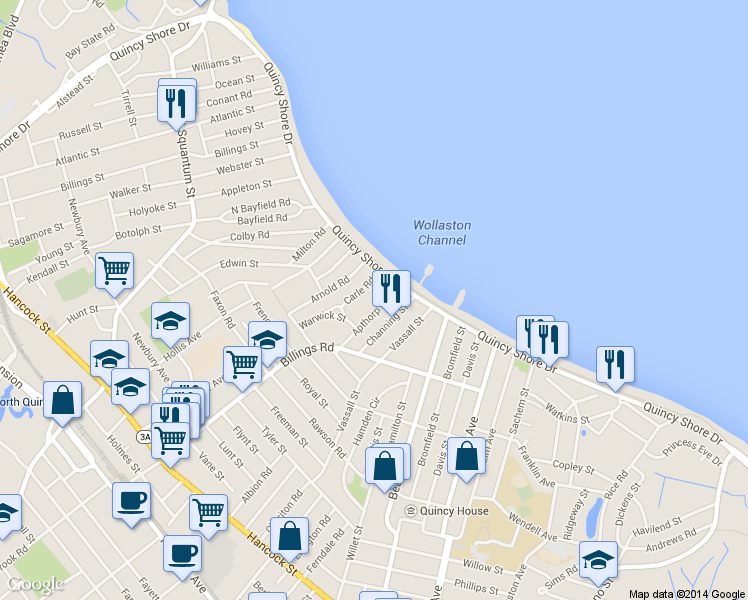 map of restaurants, bars, coffee shops, grocery stores, and more near 621 Quincy Shore Drive in Quincy