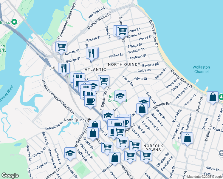 map of restaurants, bars, coffee shops, grocery stores, and more near 92 East Squantum Street in Quincy