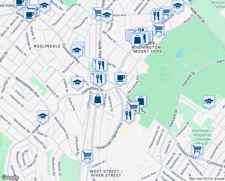 map of restaurants, bars, coffee shops, grocery stores, and more near in Boston