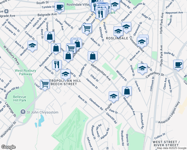 map of restaurants, bars, coffee shops, grocery stores, and more near 139 Metropolitan Avenue in Boston