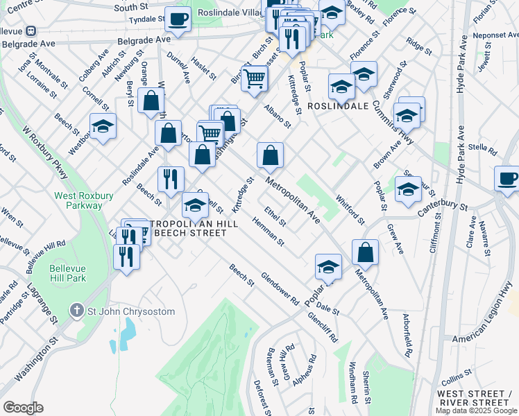 map of restaurants, bars, coffee shops, grocery stores, and more near 119 Augustus Avenue in Boston