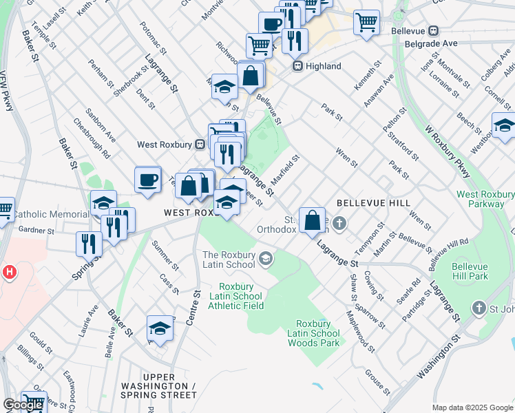 map of restaurants, bars, coffee shops, grocery stores, and more near 88 Landseer Street in Boston