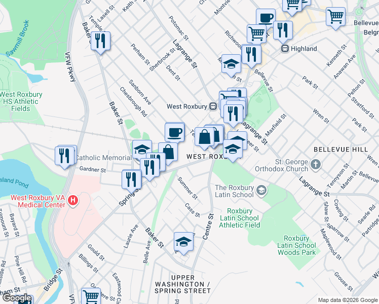 map of restaurants, bars, coffee shops, grocery stores, and more near 40 Temple Street in Boston