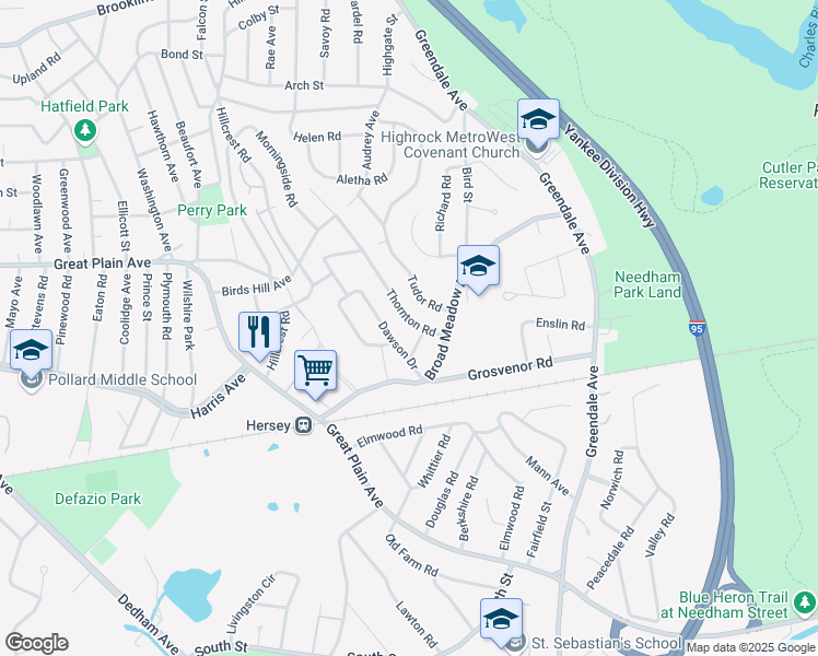 map of restaurants, bars, coffee shops, grocery stores, and more near 22 Tudor Road in Needham