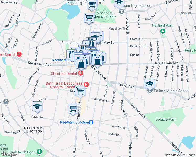 map of restaurants, bars, coffee shops, grocery stores, and more near 81 Dedham Avenue in Needham