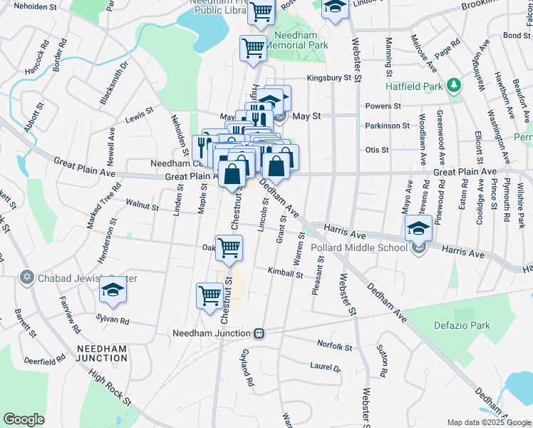 map of restaurants, bars, coffee shops, grocery stores, and more near 81 Dedham Avenue in Needham