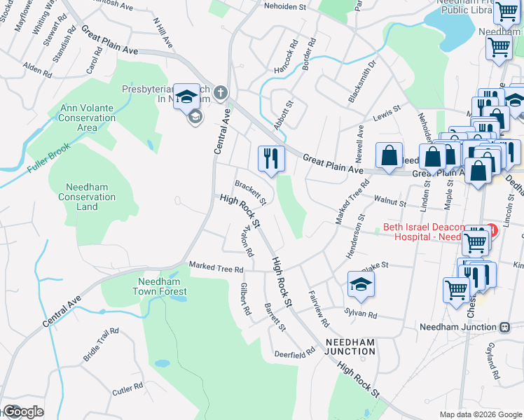 map of restaurants, bars, coffee shops, grocery stores, and more near 96 Gay Street in Needham