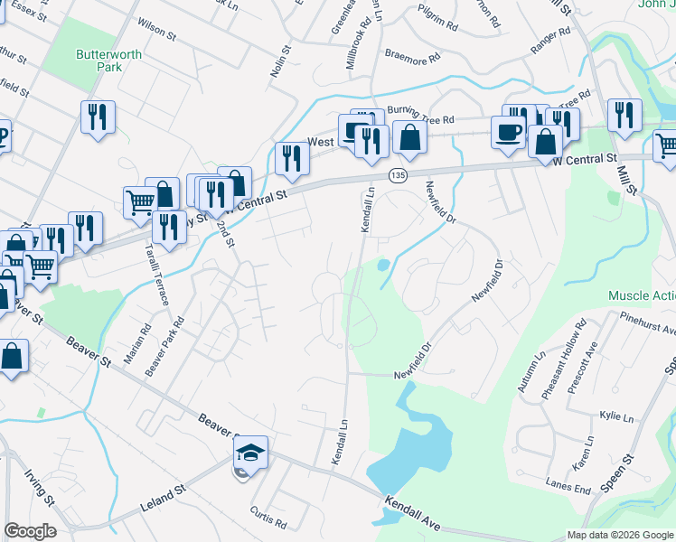 map of restaurants, bars, coffee shops, grocery stores, and more near 9 Village Rock Lane in Natick