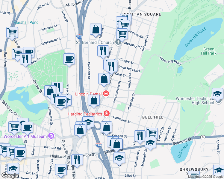 map of restaurants, bars, coffee shops, grocery stores, and more near 15 Perkins Street in Worcester