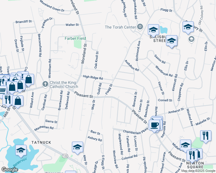 map of restaurants, bars, coffee shops, grocery stores, and more near 2 Hanna Road in Worcester