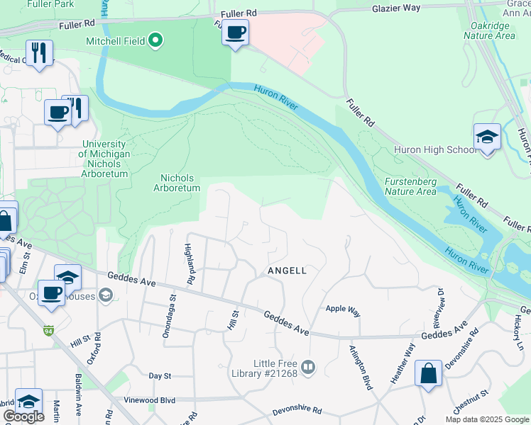 map of restaurants, bars, coffee shops, grocery stores, and more near 227 Orchard Hills Drive in Ann Arbor