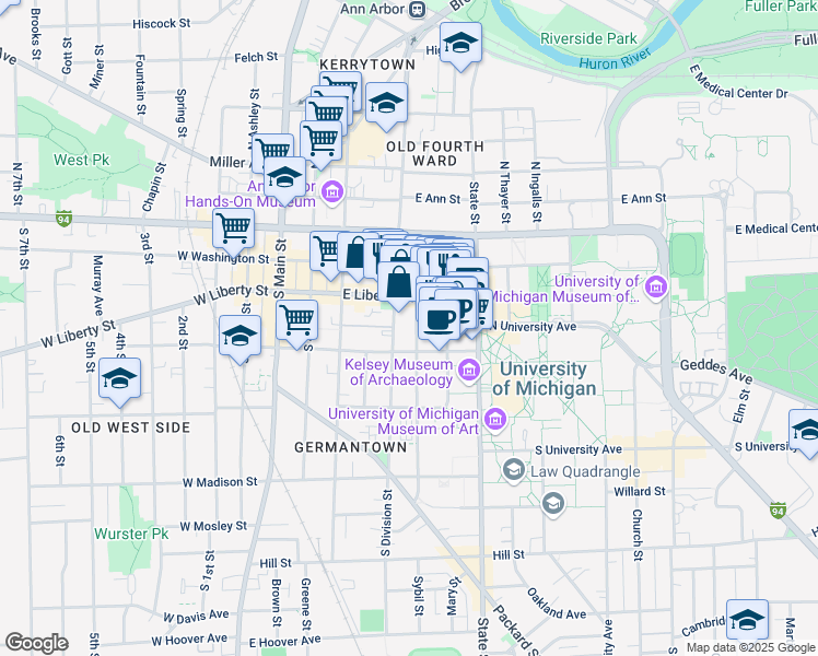 map of restaurants, bars, coffee shops, grocery stores, and more near 308 Thompson Street in Ann Arbor