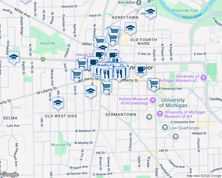 map of restaurants, bars, coffee shops, grocery stores, and more near 200 East Liberty Street in Ann Arbor