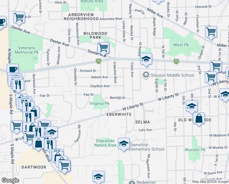 map of restaurants, bars, coffee shops, grocery stores, and more near 402 South Revena Boulevard in Ann Arbor