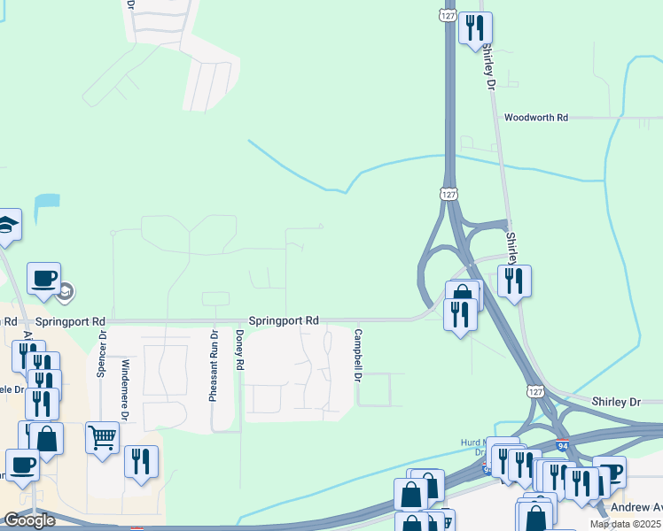 map of restaurants, bars, coffee shops, grocery stores, and more near 2100 Springport Road in Jackson