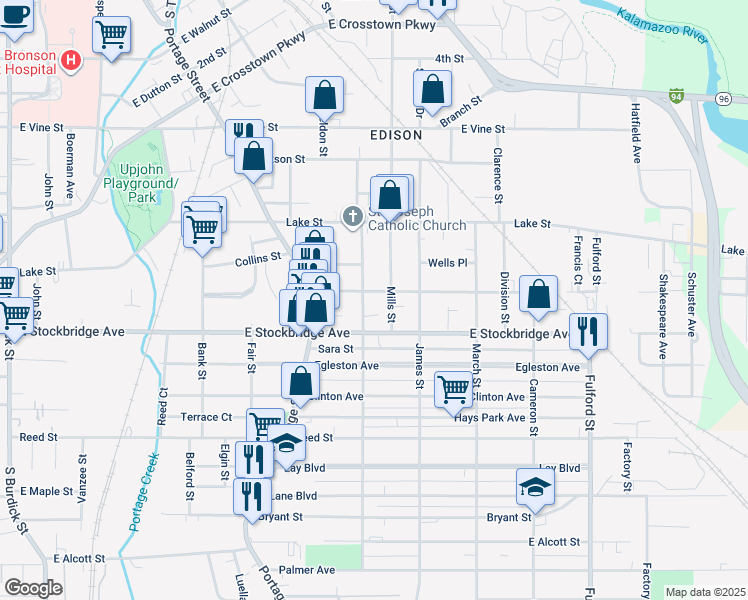 map of restaurants, bars, coffee shops, grocery stores, and more near 1017 Washington Avenue in Kalamazoo
