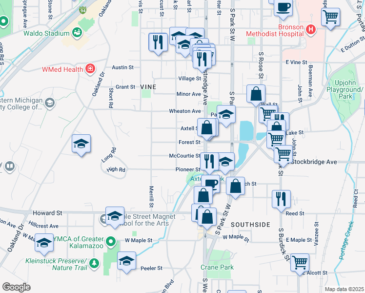 map of restaurants, bars, coffee shops, grocery stores, and more near 614 Forest Street in Kalamazoo