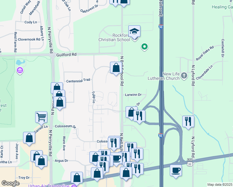 map of restaurants, bars, coffee shops, grocery stores, and more near 985 McKnight Circle in Rockford