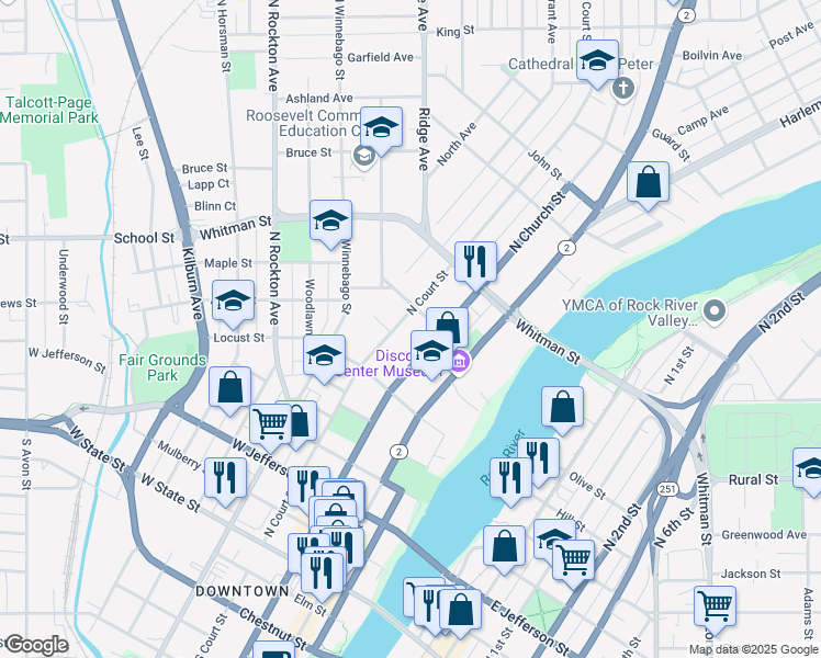 map of restaurants, bars, coffee shops, grocery stores, and more near in Rockford